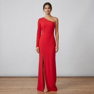 BCBGMAXAZRIA Red One-Shoulder Rhinestone Strap Long Sleeve Gown Side Slit US 12